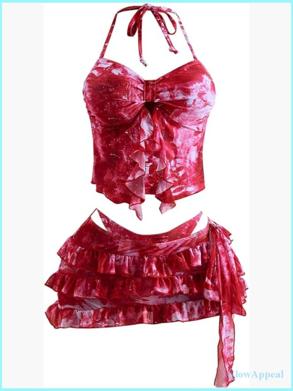 3 Piece Tankini Bikini Set Halter Neck Ruffle Skirt Cover Up